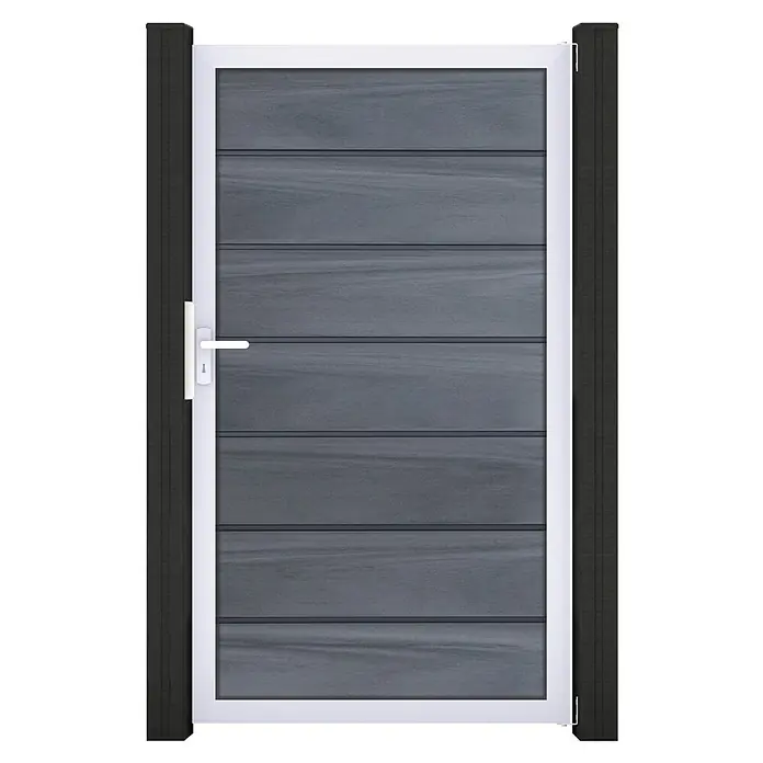 GroJa Solid Gartentor Grande Premium - 100 x 180 cm, Steingrau (EV1) - Graues Lamellentor mit weißem Rahmen und Griff, flankiert von dunklen Pfosten.