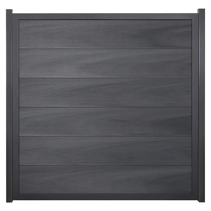 GroJa Viento Steckzaun - 180 x 180 cm, Steingrau (EDB703) - Dunkelgraues rechteckiges Torpaneel mit horizontalen Holzoptik-Lamellen und passendem Rahmen.