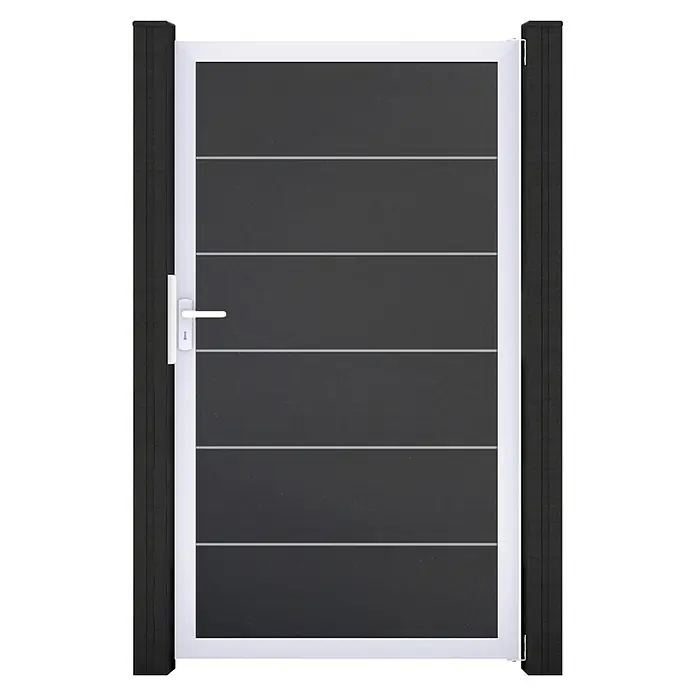 GroJa BasicLine Gartentor Premium - 100 x 180 cm, Anthrazit (EV1), Kunststoff - Dunkelgraues modernes Gartentor mit weißem Rahmen, Griff und horizontalen Linien, flankiert von dunklen Pfosten.