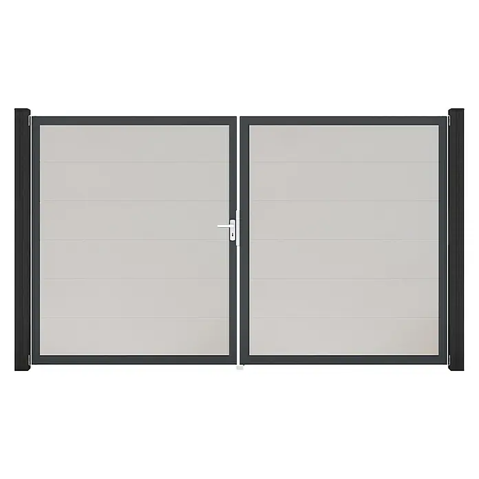 GroJa BasicLine Gartentor - 300 x 180 cm, Weiß (DB703), Kunststoff, DIN Anschlag: Links - Doppelflügeltor mit hellgrauen Paneelen, dunkelgrauem Rahmen und weißem Griff.