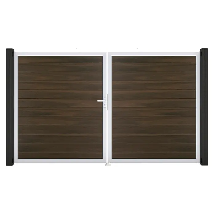GroJa Solid Gartentor - 300 x 180 cm, Walnuss (EV1), DIN Anschlag: Links - Doppeltor aus dunkelbraunen Holzlamellen, weißem Rahmen und schwarzen Pfosten, mit weißem Griff.