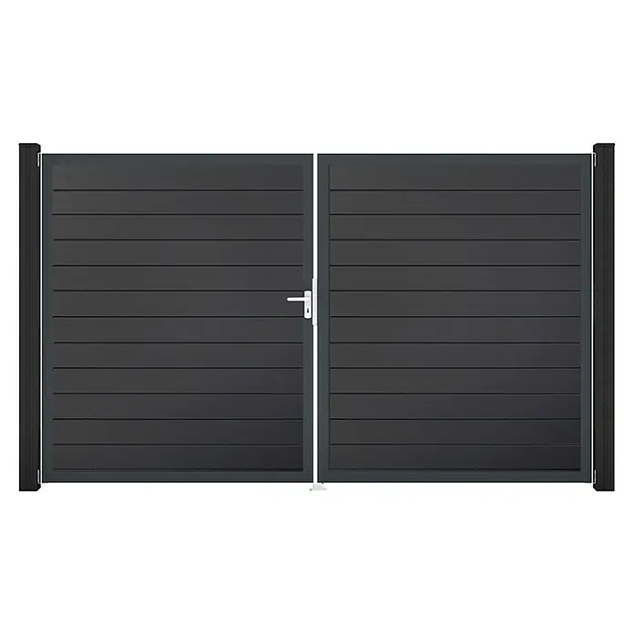 GroJa BasicLine Gartentor Schmal - 300 x 180 cm, Anthrazit (DB703), Kunststoff, DIN Anschlag: Links - Dunkelgraues Doppeltor mit Querlamellen und weißem Griff.
