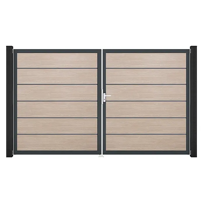 GroJa BasicLine Gartentor Premium - 300 x 180 cm, Shefflied Oak (DB703), Kunststoff, DIN Anschlag: Rechts - Doppeltor mit hellen Holzpaneelen, dunkelgrauem Rahmen und Pfosten, und einem weißen Griff.