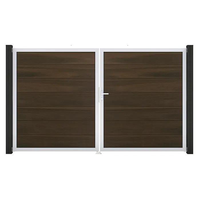 GroJa Solid Gartentor Grande - 300 x 180 cm, Walnuss (EV1), DIN Anschlag: Rechts - Doppeltor mit dunkelbraunen Holzpaneelen und weißem Rahmen, mit Griff und Schlüsselloch.