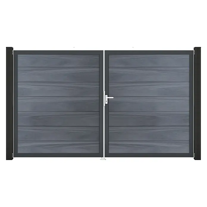 GroJa Solid Gartentor Grande - 300 x 180 cm, Steingrau (EDB703), DIN Anschlag: Rechts - Dunkelgraues Doppeltor mit horizontalen Holzlamellen und dunkelgrauem Rahmen, ausgestattet mit weißem Griff.