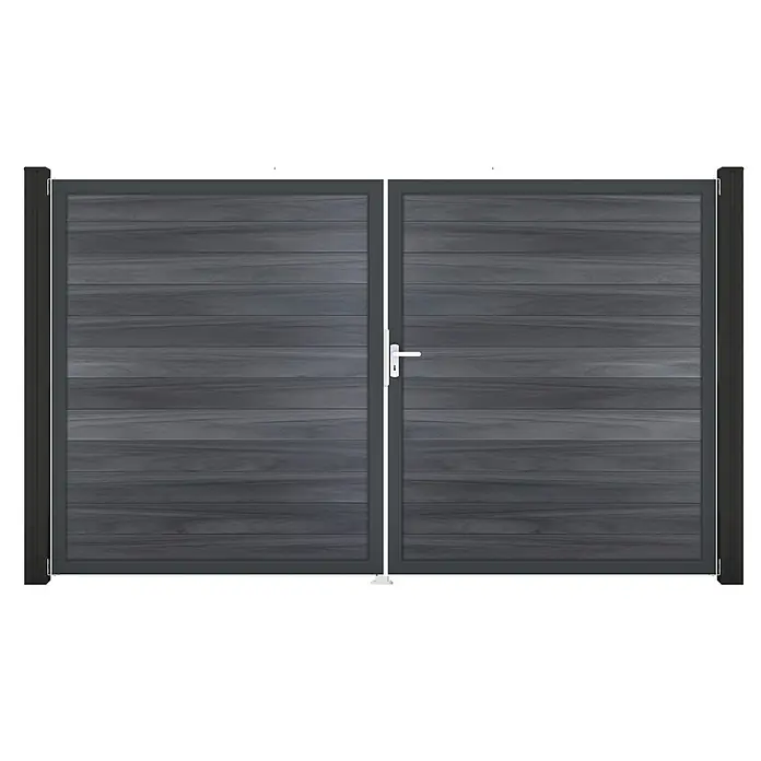 GroJa Solid Gartentor - 300 x 180 cm, Steingrau (EDB703), DIN Anschlag: Rechts - Dunkelgraues Doppeltor mit horizontalen Holzoptik-Lamellen, umrahmt von dunklem Metall, mit weißem Griff.