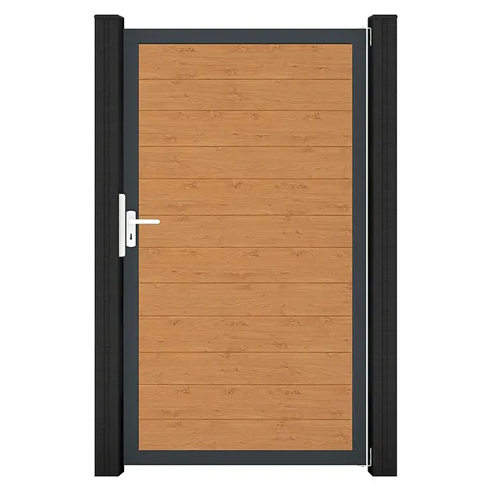 GroJa BasicLine Gartentor Schmal - 100 x 180 cm, Asteiche Natur (EDB703), Kunststoff - Holz-Gartentür mit horizontalen Planken, dunkelgrauem Rahmen, weißem Griff und passenden Pfosten.