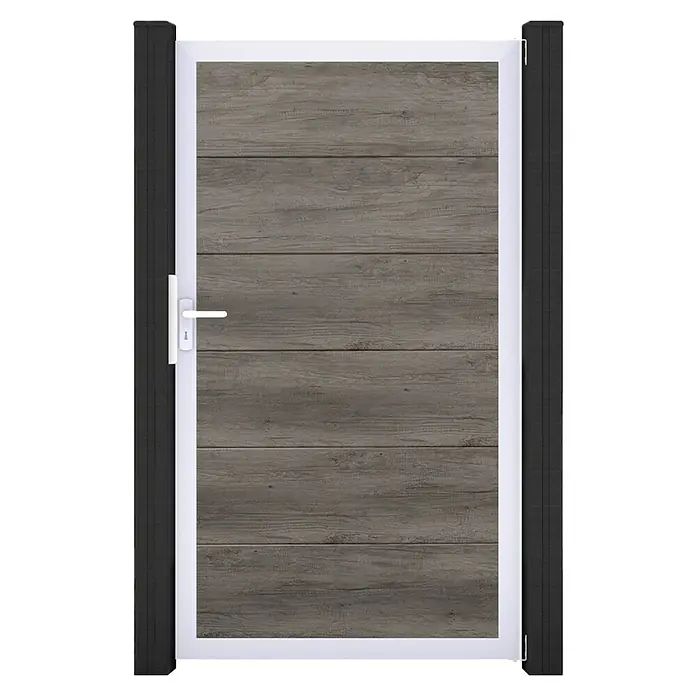 GroJa BasicLine Gartentor - 100 x 180 cm, Monument Oak (EV1), Kunststoff - Gartentor in Holzoptik (grau) mit weißem Rahmen und Griff, flankiert von schwarzen Pfosten.