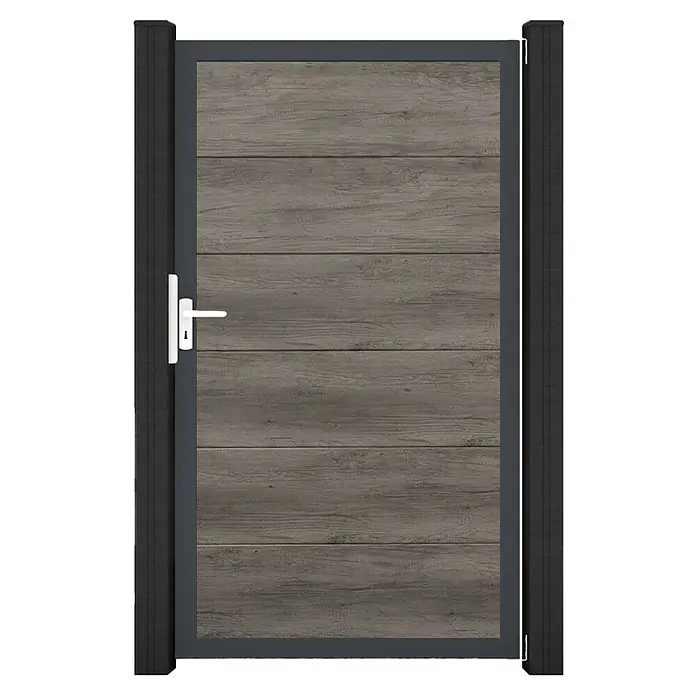 GroJa BasicLine Gartentor - 100 x 180 cm, Monument Oak (DB703), Kunststoff - Dunkelgraues Tor mit horizontalen graubraunen Holzpaneelen und weißem Griff.