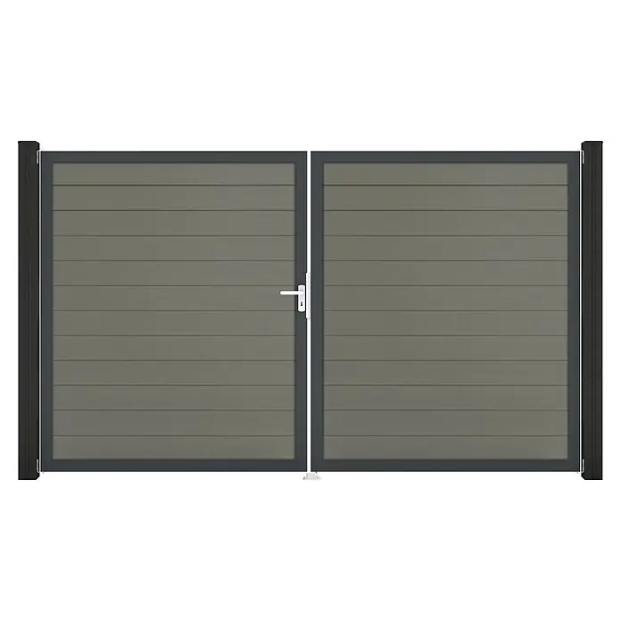 GroJa Solid Gartentor - 300 x 180 cm, Grau (DB703), DIN Anschlag: Links - Graues Doppeltor mit horizontalen Lamellen, dunkelgrauem Rahmen und weißem Griff.