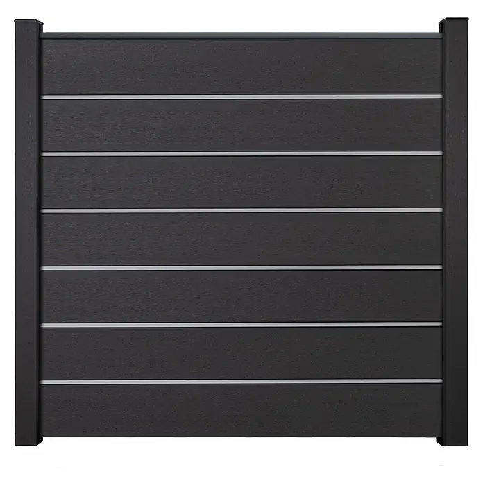 GroJa Solid Steckzaun Grande Premium - 180 x 180 cm, Anthrazitgrau - Dunkelgraues Verbundzaunpaneel mit modernen horizontalen Silberstreifen.