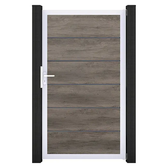 GroJa BasicLine Gartentor Premium - 100 x 180 cm, Monument Oak (EV1), Kunststoff - Moderne Tür mit horizontalen Holzpaneelen, weißem Rahmen, weißem Griff und dunkelgrauen Seitenpfosten.