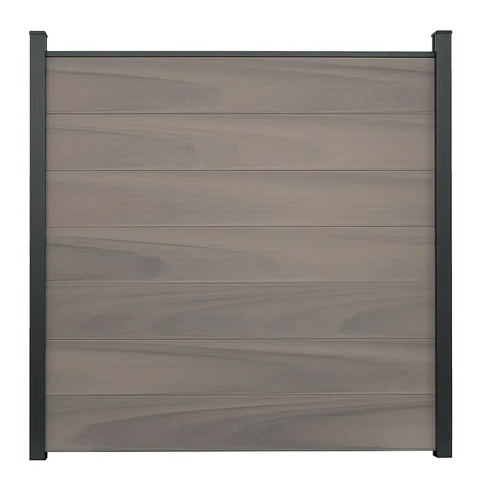 GroJa Solid Steckzaun Grande - 180 x 180 cm, Beige - Modernes Zaunfeld mit horizontalen graubraunen Holzoptik-Lamellen und einem dunkelgrauen Metallrahmen.