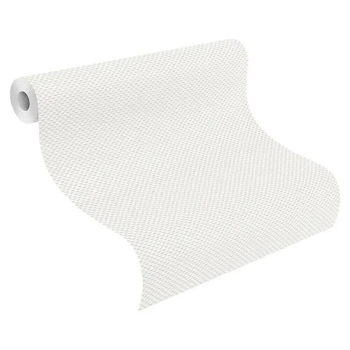 Rasch Selection Papiertapete Relief Glasfaserstruktur - Weiß, Uni, 10,05 x 0,53 m - Weiße, geprägte Papierrolle mit einem sich entfaltenden Blatt.