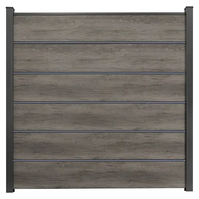GroJa BasicLine Steckzaun Premium - 180 x 180 cm, Monument Oak - Graues WPC-Zaunfeld mit horizontalen Holzoptik-Lamellen und dunkelgrauen Metallpfosten.