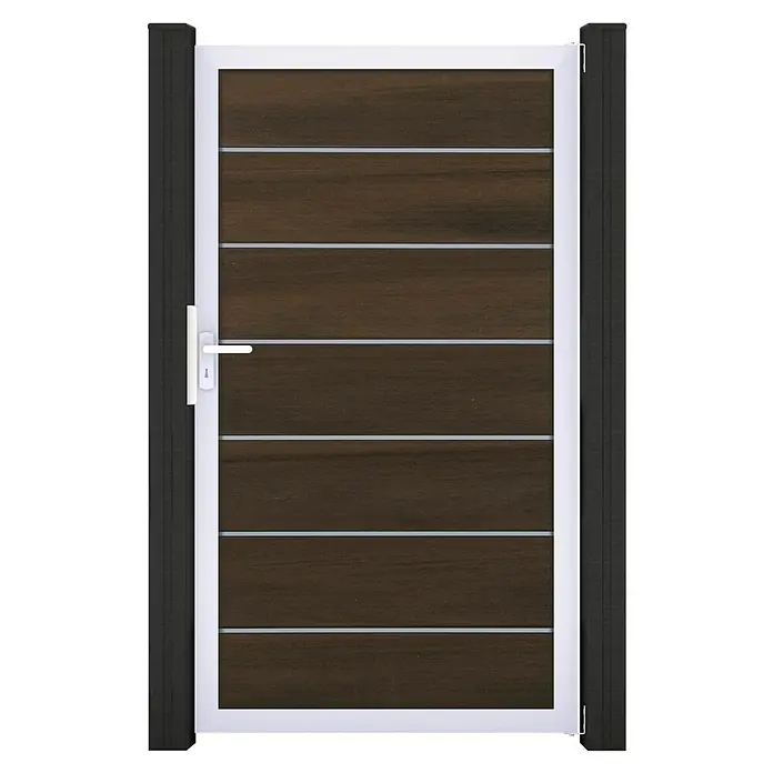 GroJa Solid Gartentor Grande Premium - 100 x 180 cm, Walnuss (EV1) - Modernes Tor mit brauner Holzoptikfüllung, weißen Querstreben, weißem Rahmen und dunklen Pfosten. Mit weißem Griff.
