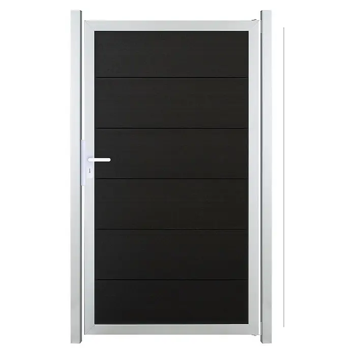GroJa Viento Gartentor - 100 x 180 cm, Anthrazitgrau (EV1), Aluminium - Modernes schwarzes Tor mit horizontalen Lamellen, weißem Rahmen und weißem Griff.