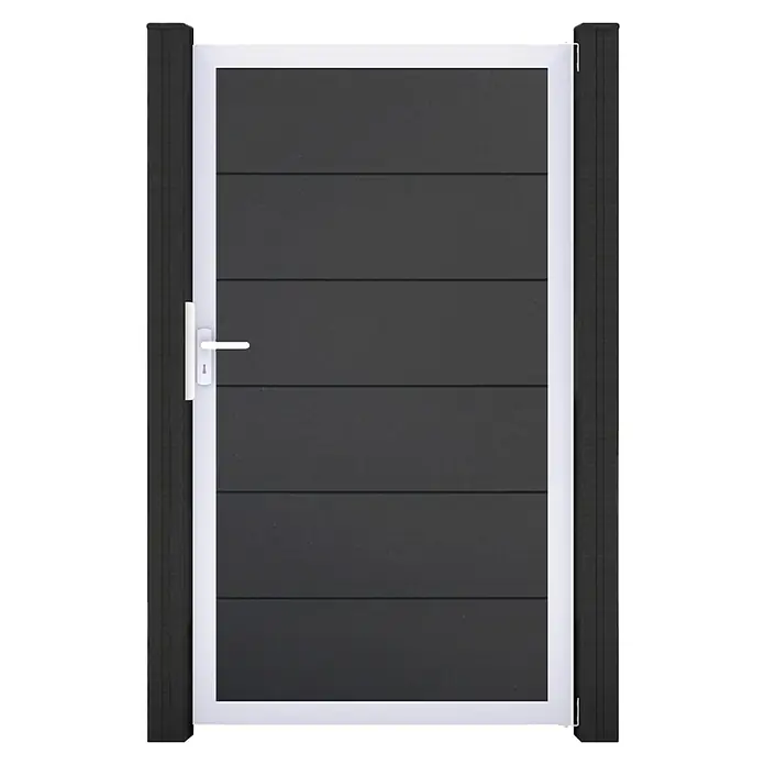 GroJa BasicLine Gartentor - 100 x 180 cm, Anthrazit (EV1), Kunststoff - Dunkelgraues modernes Tor mit horizontalen Lamellen, weißem Rahmen, Griff und passenden dunklen Pfosten.