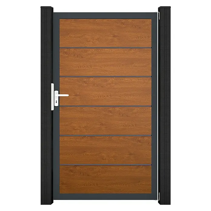 GroJa BasicLine Gartentor Premium - 100 x 180 cm, Golden Oak (DB703), Kunststoff - Braunes Holztor mit dunkelgrauem Rahmen und Pfosten, mit einem weißen Griff.