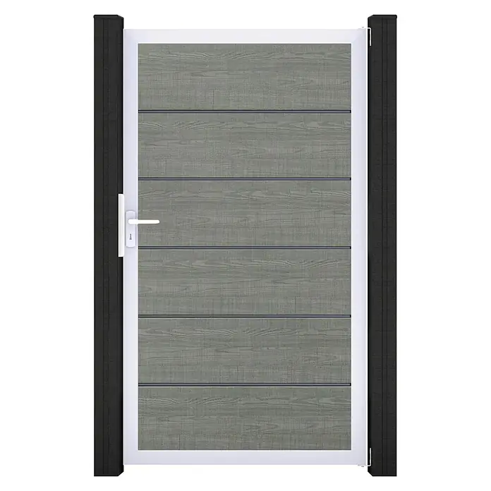 GroJa BasicLine Gartentor Premium - 100 x 180 cm, Grey Ash Cut (EV1), Kunststoff - Graues Holzimitat-Gehtor mit weißem Rahmen und schwarzen Stützpfosten.