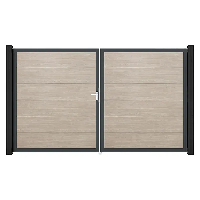 GroJa BasicLine Gartentor - 300 x 180 cm, Shefflied Oak (DB703), Kunststoff, DIN Anschlag: Links - Doppelflügeltor mit hellen Holzoptik-Paneelen, dunkelgrauem Rahmen und weißem Griff.