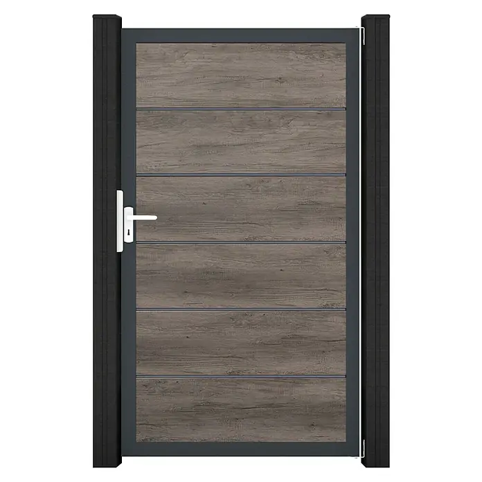 GroJa BasicLine Gartentor Premium - 100 x 180 cm, Monument Oak (DB703), Kunststoff - Dunkelgraues Tor mit horizontalen Holzoptik-Paneelen und weißem Griff.