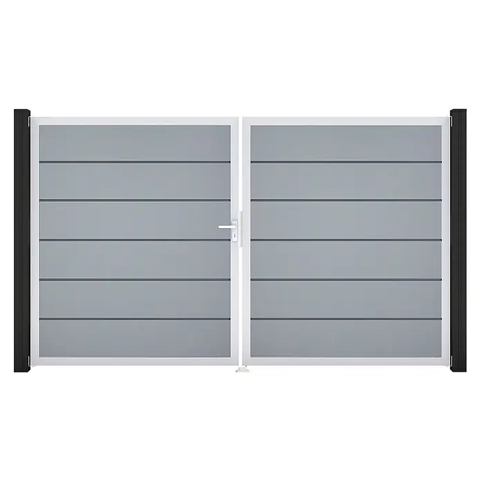 GroJa BasicLine Gartentor Premium - 300 x 180 cm, Silbergrau (EV1), Kunststoff, DIN Anschlag: Links - Zweiflügeliges graues Latten-Tor mit weißem Rahmen und schwarzen Seitenpfosten.