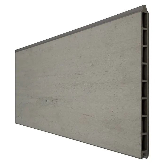 GroJa Solid Steckzaun Grande Premium - 180 x 24 cm, Sand Bi-Color - Graue, strukturierte Verbundplatte mit Hohlkammern und einer oberen Abschlusskante.