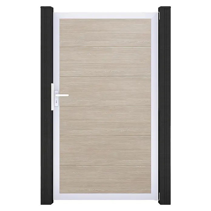 GroJa BasicLine Gartentor - 100 x 180 cm, Shefflied Oak (EV1), Kunststoff - Gartentor aus hellem Holz mit weißem Rahmen, schwarzen Pfosten und weißem Griff.