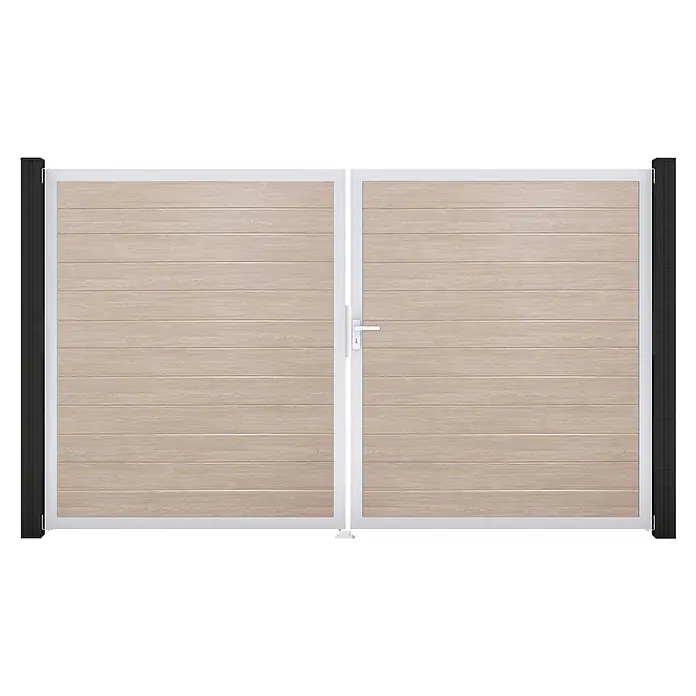 GroJa BasicLine Gartentor Schmal - 300 x 180 cm, Shefflied Oak (EV1), Kunststoff, DIN Anschlag: Rechts - Zweiflügeliges Tor mit hellen Holzoptik-Paneelen, weißem Rahmen und schwarzen Pfosten.