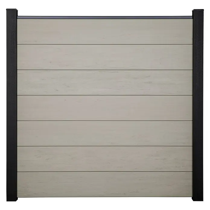 GroJa Solid Steckzaun Grande - 180 x 180 cm, Sand - Helles, beiges Lamellen-Zaunelement mit dunkelgrauem Rahmen und oberer Schiene.