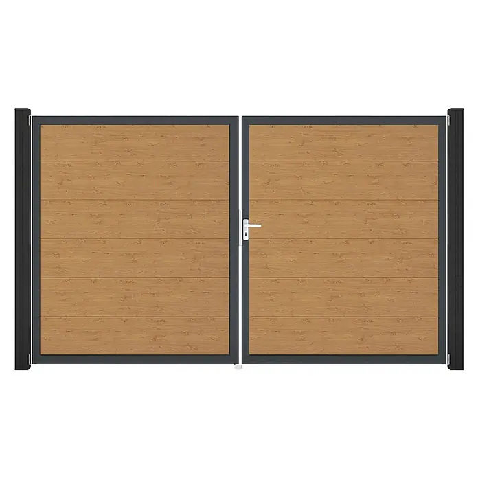 GroJa BasicLine Gartentor - 300 x 180 cm, Asteiche Natur (DB703), Kunststoff, DIN Anschlag: Rechts - Doppeltor aus hellbraunen Holzbrettern mit dunkelgrauem Rahmen und weißem Griff.