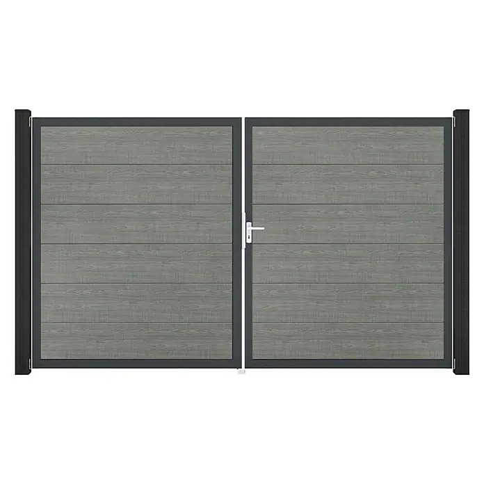 GroJa BasicLine Gartentor - 300 x 180 cm, Grey Ash Cut (DB703), Kunststoff, DIN Anschlag: Rechts - Doppeltor mit grauen Holzoptik-Lamellen und dunkelgrauem Metallrahmen. Mit weißem Griff.