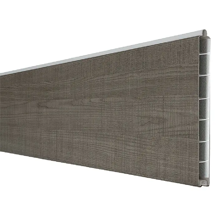 GroJa BasicLine Steckzaun Schmal - 180 x 15 cm, Grey Ash Cut - Grau-braunes Holzdekor-Paneel mit weißer Oberkante und sichtbarem Hohlkammerkern.
