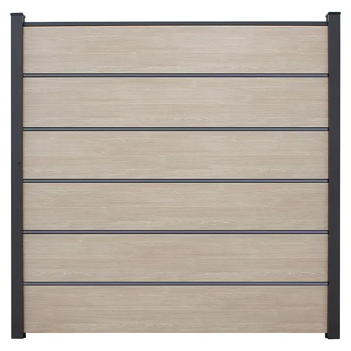 GroJa BasicLine Steckzaun Premium - 180 x 180 cm, Sheffield Oak - Heller Sichtschutzzaun aus Holz-Optik-Verbundplatten mit dunkelgrauen Metallpfosten und horizontalen Lamellen.