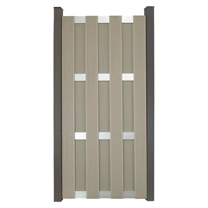 GroJa Steckzaun - 84,3 x 180 cm, Beige - Zaunfeld aus Verbundmaterial mit hellbeigen Vertikallamellen, silbernen Querstreben und dunklen Pfosten.