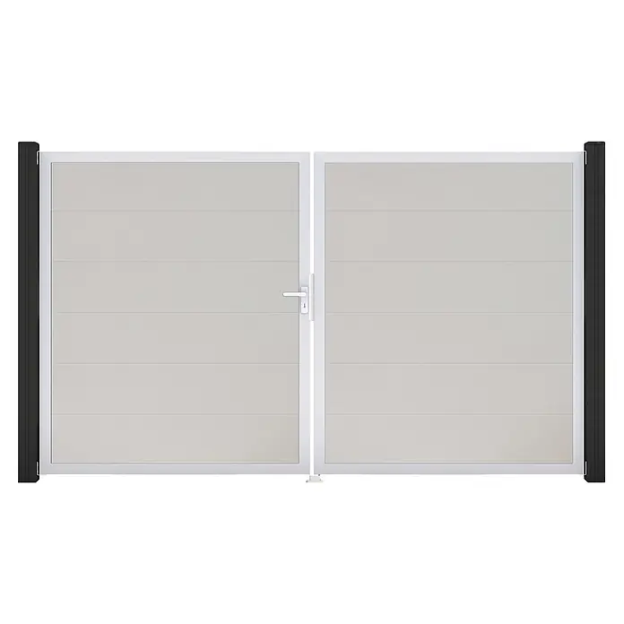 GroJa BasicLine Gartentor - 300 x 180 cm, Weiß (EV1), Kunststoff, DIN Anschlag: Links - Hellgraues Doppeltor mit weißem Rahmen und horizontalen Paneelen, mit weißem Griff. Gestützt von schwarzen Pfosten.