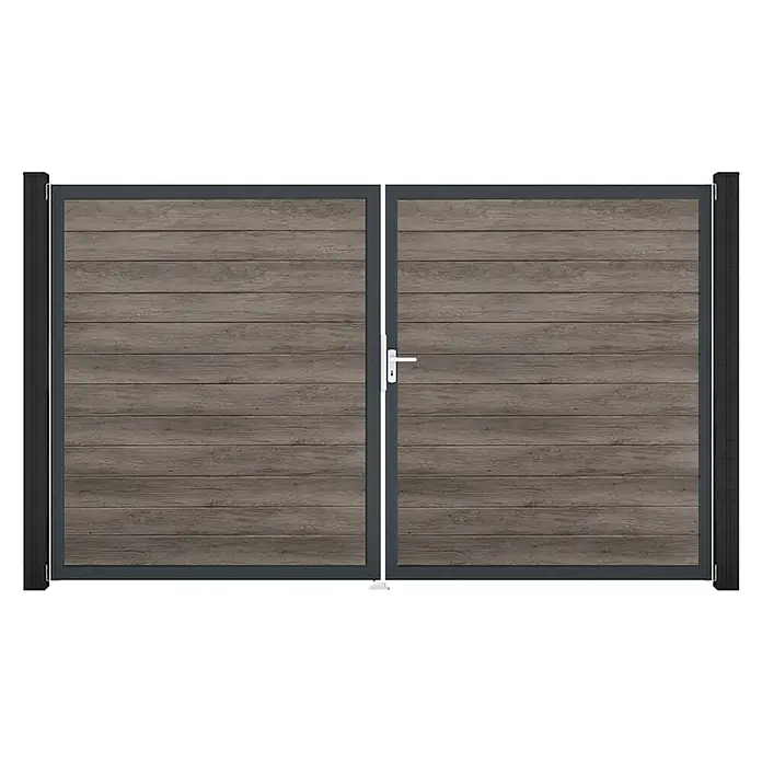 GroJa BasicLine Gartentor Schmal - 300 x 180 cm, Monument Oak (DB703), Kunststoff, DIN Anschlag: Rechts - Zweiflügeliges Tor mit dunkelgrauem Metallrahmen und Pfosten, horizontalen Holzlatten und weißem Griff.