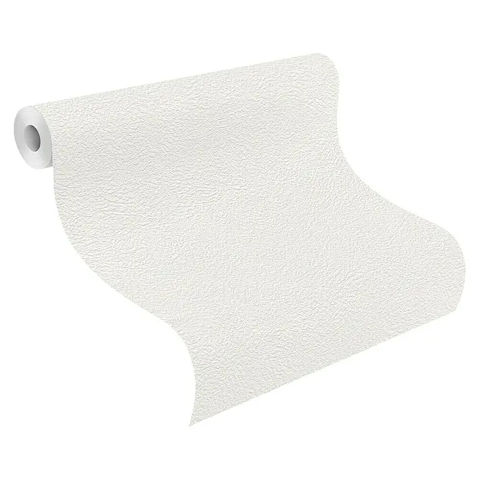 Rasch Selection Papiertapete Relief - Weiß, Uni, 10,05 x 0,53 m - Rolle weißer strukturierter Tapete, teilweise abgerollt.