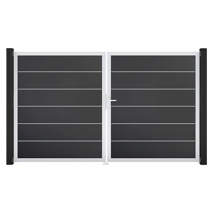 GroJa BasicLine Gartentor Premium - 300 x 180 cm, Anthrazit (EV1), Kunststoff, DIN Anschlag: Rechts - Dunkelgraues Doppeltor mit weißen Querleisten, weißem Rahmen und weißem Griff.