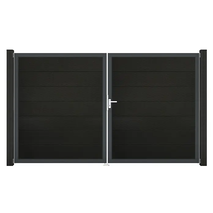 GroJa Solid Gartentor Grande - 300 x 180 cm, Schwarz (DB703), DIN Anschlag: Rechts - Anthrazitfarbenes Doppeltor mit horizontalen Lamellen und weißem Griff.