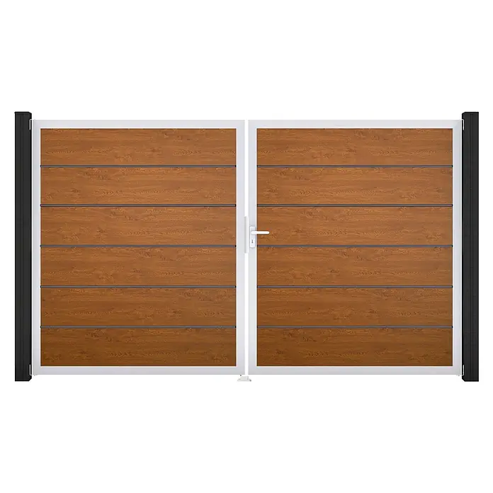 GroJa BasicLine Gartentor Premium - 300 x 180 cm, Golden Oak (EV1), Kunststoff, DIN Anschlag: Rechts - Braunes Holzeffekt-Doppeltor mit horizontalen Paneelen, weißem Rahmen und schwarzen Pfosten.