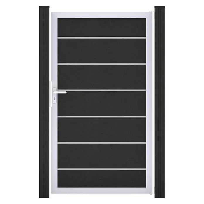 GroJa Solid Gartentor Grande Premium - 100 x 180 cm, Anthrazitgrau (EV1) - Dunkelgraues Gartentor mit weißen Querstreben, weißem Rahmen und Griff, flankiert von passenden Pfosten.