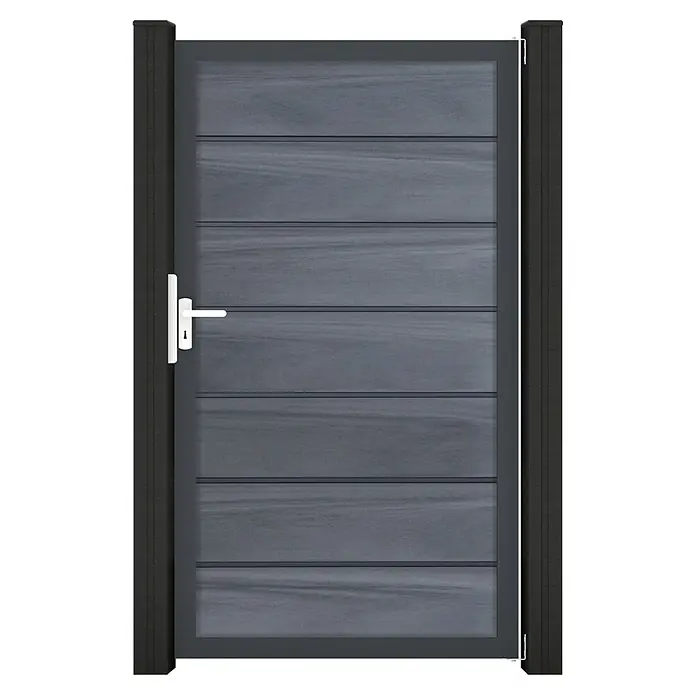 GroJa Solid Gartentor Grande Premium - 100 x 180 cm, Steingrau (EDB703) - Dunkelgraues, modernes Gartentor mit horizontalen Paneelen und weißem Griff, zwischen zwei Pfosten montiert.