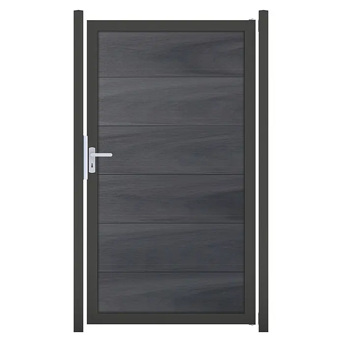 GroJa Viento Gartentor - 100 x 180 cm, Steingrau (EDB703), Aluminium - Dunkelgraues Gartentor aus Verbundwerkstoff mit horizontalen Lamellen und silbernem Griff.