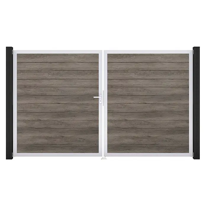 GroJa BasicLine Gartentor Schmal - 300 x 180 cm, Monument Oak (EV1), Kunststoff, DIN Anschlag: Links - Doppel-Tor mit grauen Holz-Paneelen, weißem Rahmen und schwarzen Pfosten.