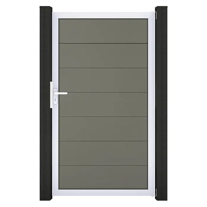 GroJa Solid Gartentor Grande - 100 x 180 cm, Grau (EV1) - Dunkelgraues Gartentor mit horizontalen Lamellen, weißem Rahmen und Griff, flankiert von zwei dunklen Pfosten.