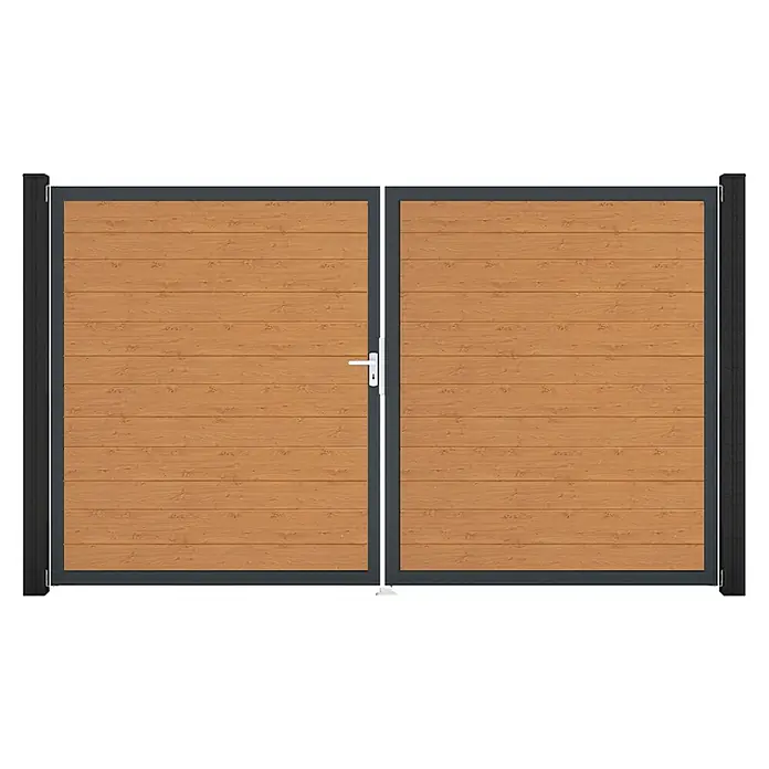 GroJa BasicLine Gartentor Schmal - 300 x 180 cm, Asteiche Natur (DB703), Kunststoff, DIN Anschlag: Links - Doppeltor mit Holzpaneelen in dunkelgrauem Rahmen und silbernem Griff.