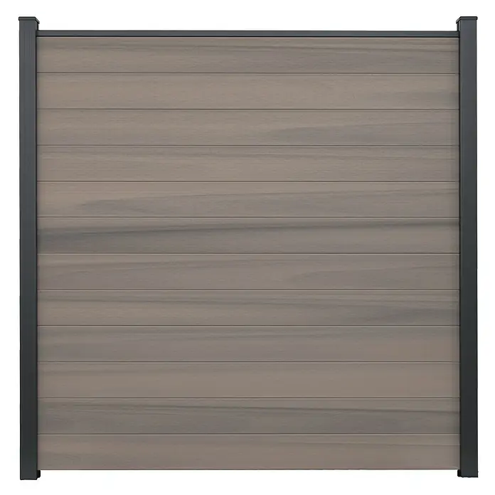 GroJa Solid Steckzaun - 180 x 180 cm, Beige - Modernes Zaunpaneel mit horizontalen grauen Holzoptik-Verbundlamellen und dunklem Metallrahmen.
