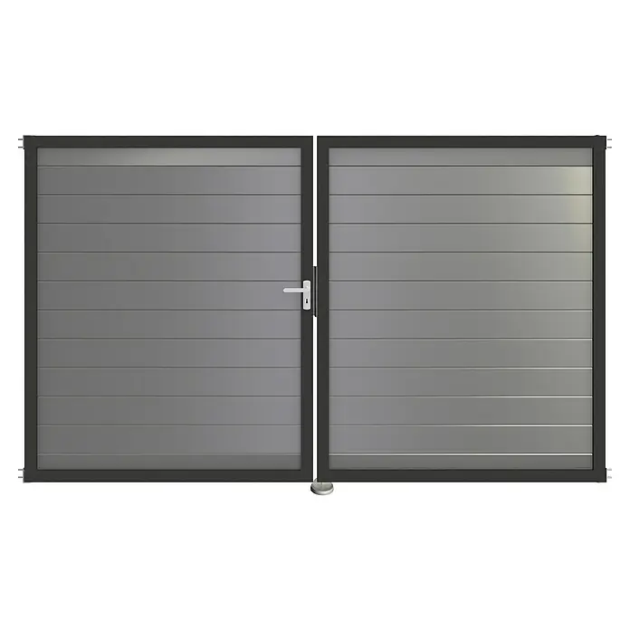 GroJa Lumino Gartentor - 300 x 180 cm, Silbergrau (DB703), Aluminium, DIN Anschlag: Links - Graues Flügeltor mit horizontalen Lamellen und dunkelgrauem Rahmen, weißer Griff mit Schlüsselloch.